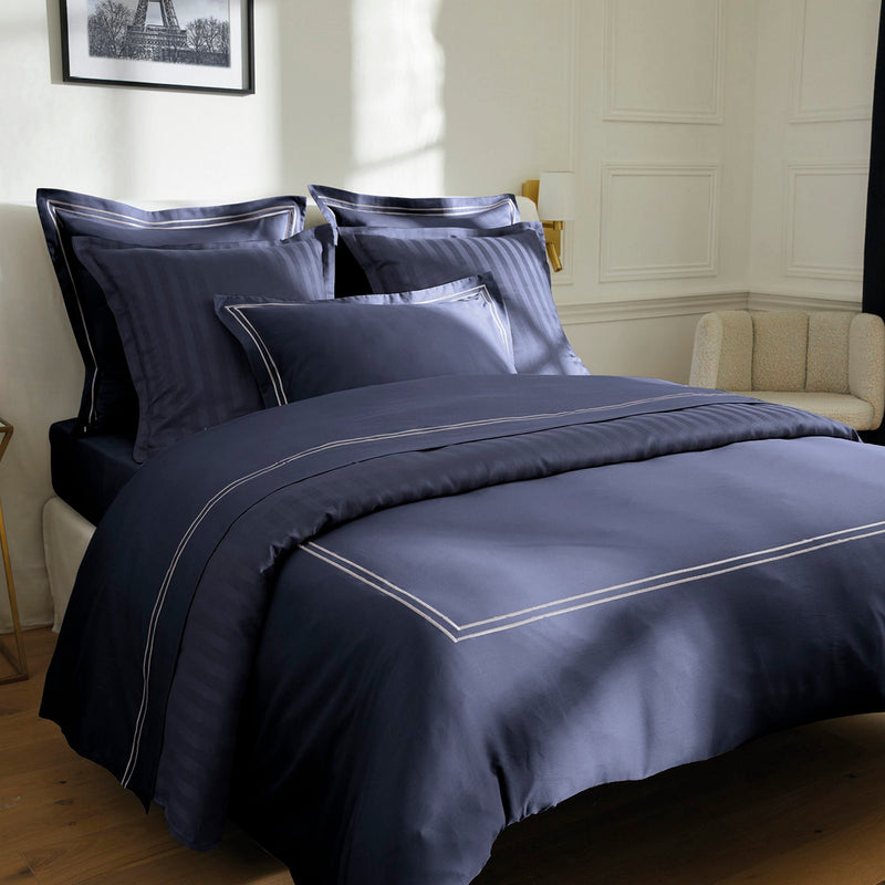 Paris - Drap Plat - Satin De Coton - Blanc / Bleu Foncé