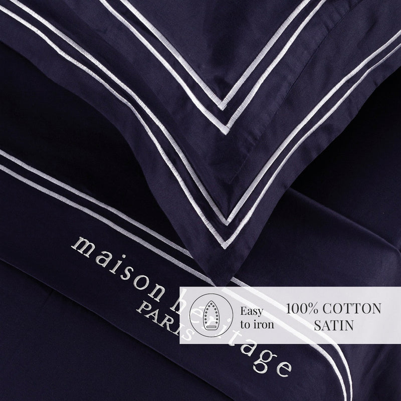 Paris - Ensemble De Draps - Satin De Coton - Blanc / Bleu Foncé