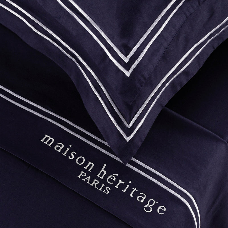Paris - Ensemble De Draps - Satin De Coton - Blanc / Bleu Foncé