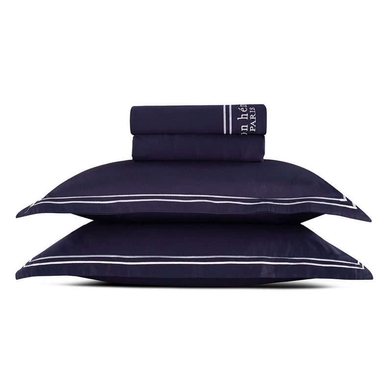 Paris - Ensemble De Draps - Satin De Coton - Blanc / Bleu Foncé