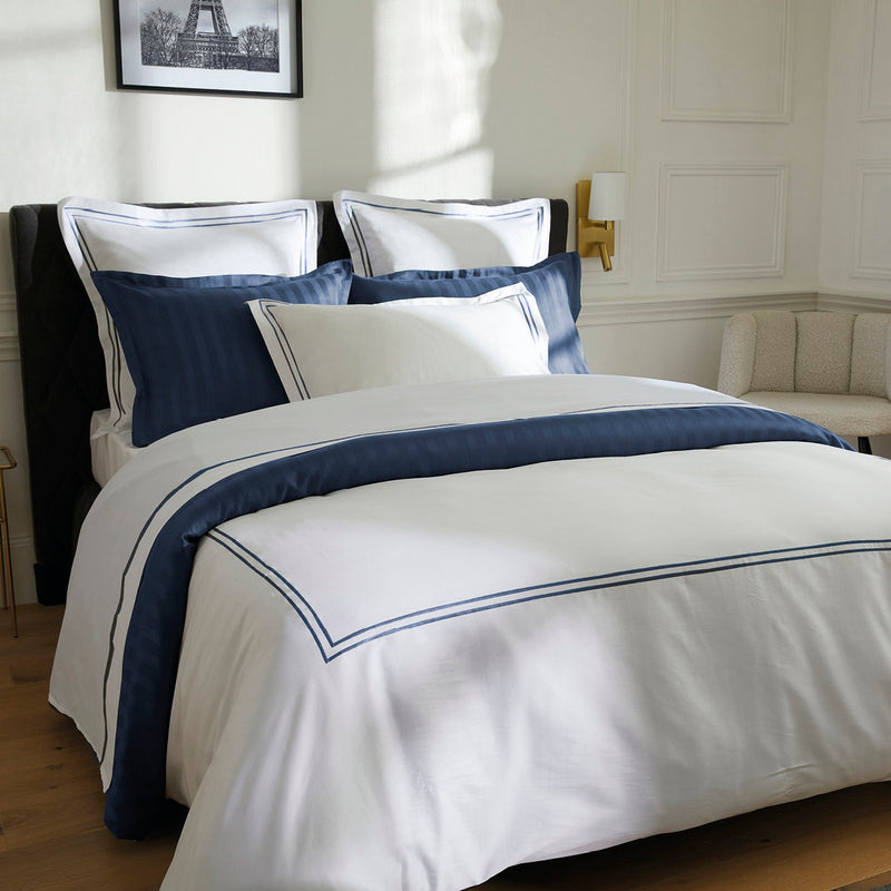 Paris - Set De 2 Taies D'Oreiller - Satin De Coton - Bleu Foncé / Blanc