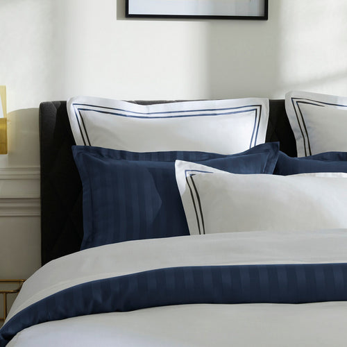Paris - Set De 2 Taies D'Oreiller - Satin De Coton - Bleu Foncé / Blanc
