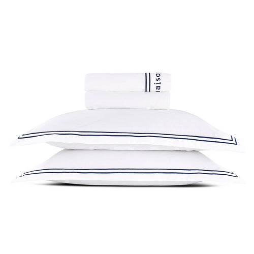 Paris - Ensemble De Draps - Satin De Coton - Bleu Foncé / Blanc