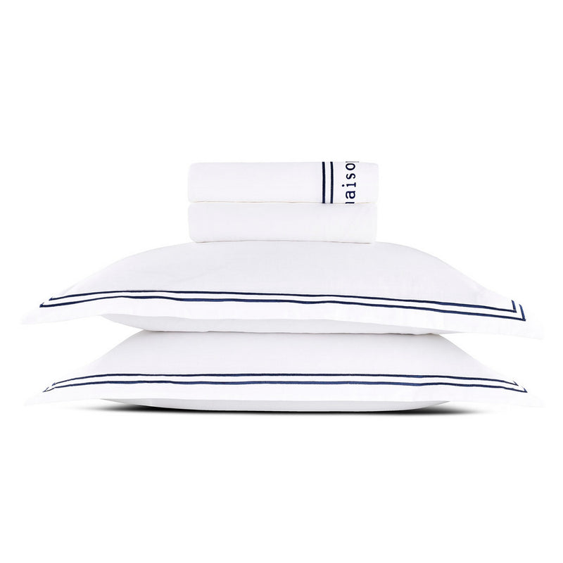 Paris - Ensemble De Draps - Satin De Coton - Bleu Foncé / Blanc