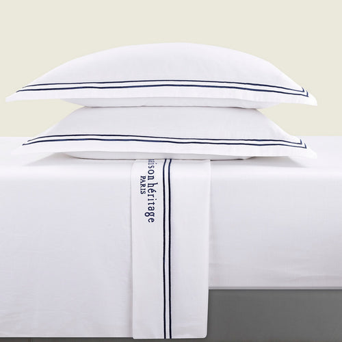 Paris - Ensemble De Draps - Satin De Coton - Bleu Foncé / Blanc