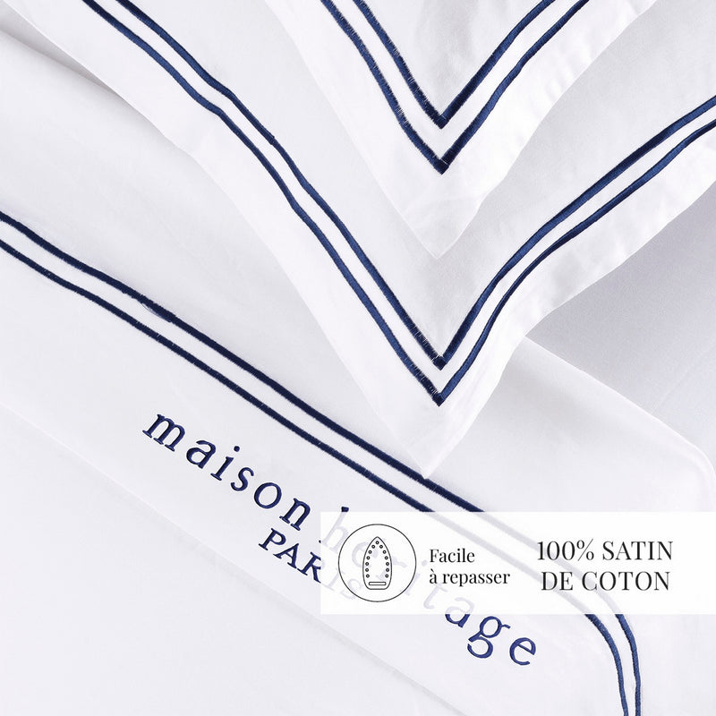 Paris - Ensemble De Draps - Satin De Coton - Bleu Foncé / Blanc