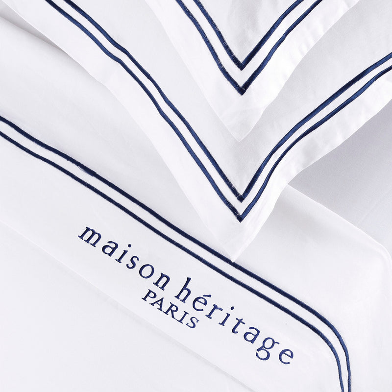 Paris - Ensemble De Draps - Satin De Coton - Bleu Foncé / Blanc