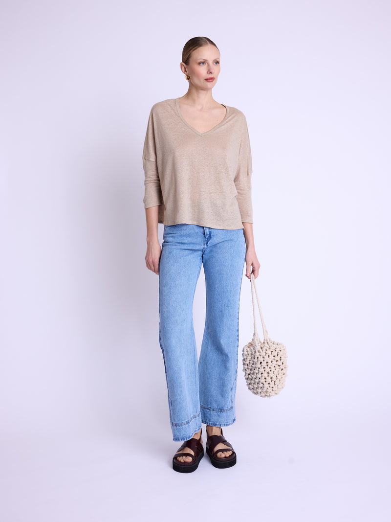 Camiseta manga 3/4 con cuello en V - Beige