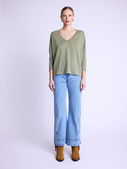 Tshirt Manches 3/4 Col V - Khaki