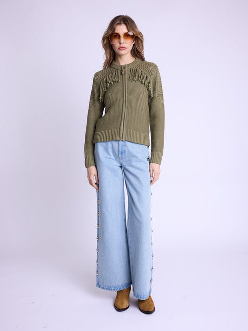 Cardigan Ml Col Rd Frange - Khaki