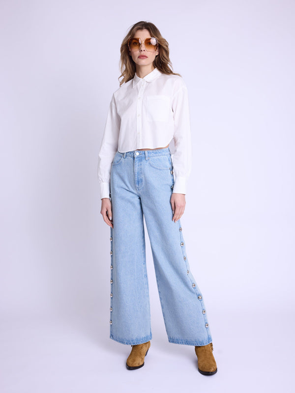 Berenice - Flare Trousers Large Studs Cote - Denim-Blue