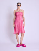 Long Collarless Dress - Dahlia-Pink-Print