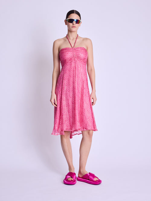 Robe Longue Sans Col - Dahlia-Pink-Print