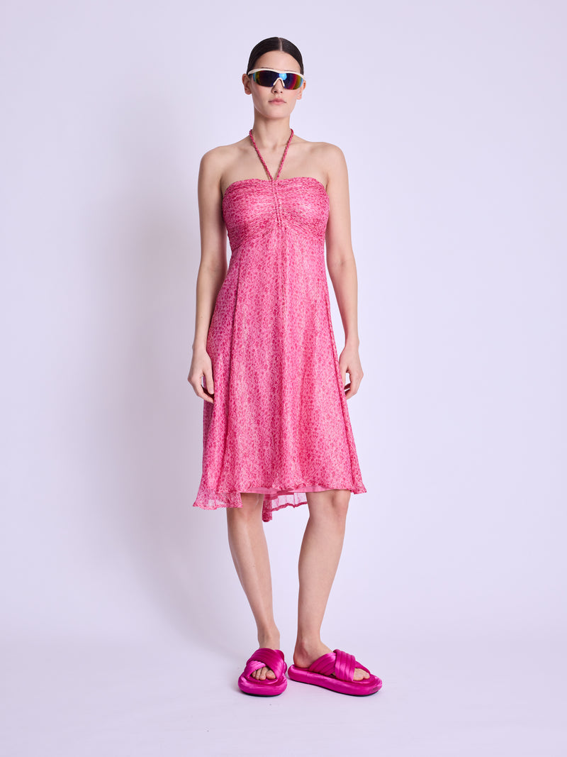 Long Collarless Dress - Dahlia-Pink-Print