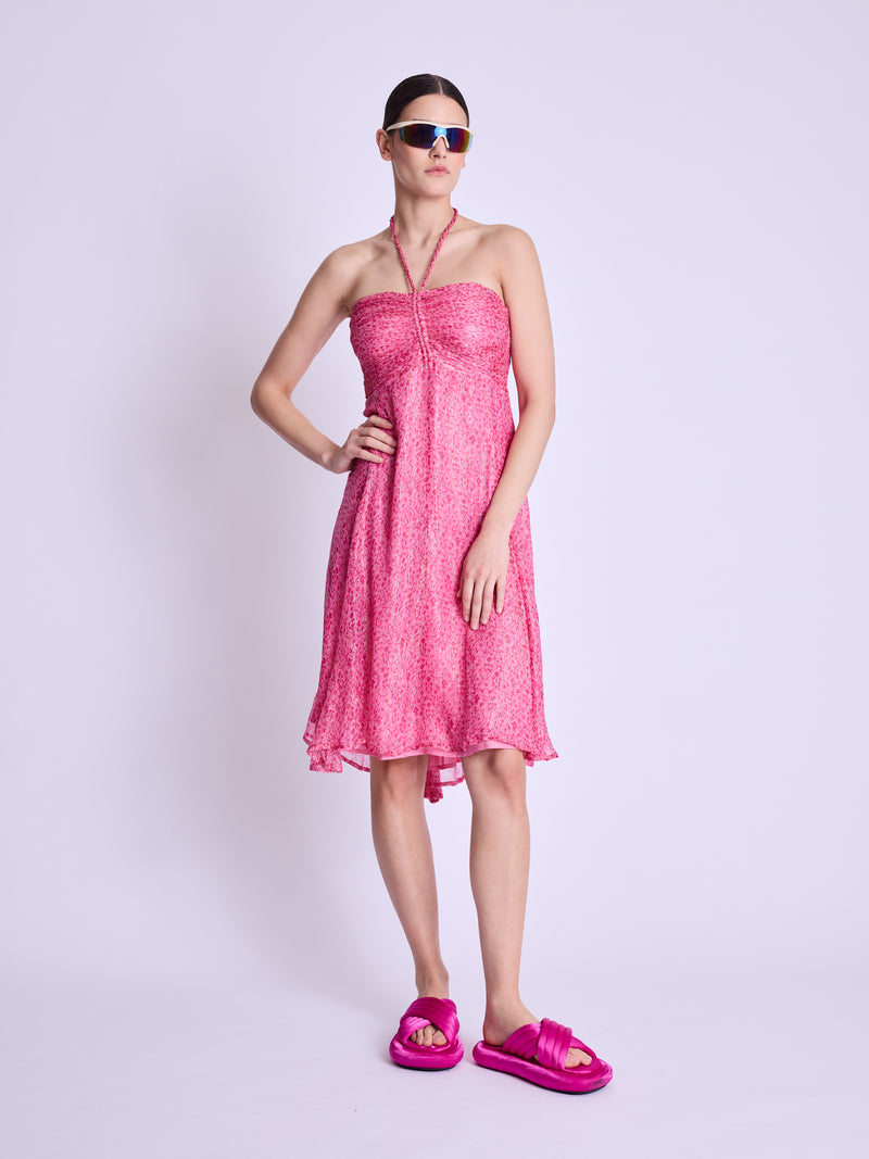 Long Collarless Dress - Dahlia-Pink-Print