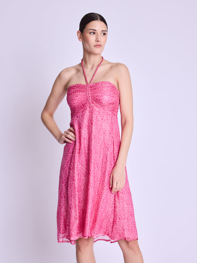 Long Collarless Dress - Dahlia-Pink-Print