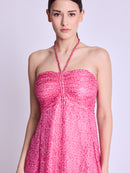 Long Collarless Dress - Dahlia-Pink-Print