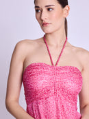 Long Collarless Dress - Dahlia-Pink-Print