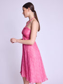 Long Collarless Dress - Dahlia-Pink-Print