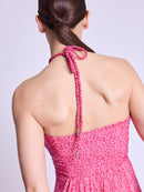 Long Collarless Dress - Dahlia-Pink-Print