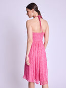 Long Collarless Dress - Dahlia-Pink-Print
