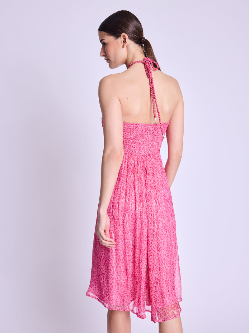 Long Collarless Dress - Dahlia-Pink-Print