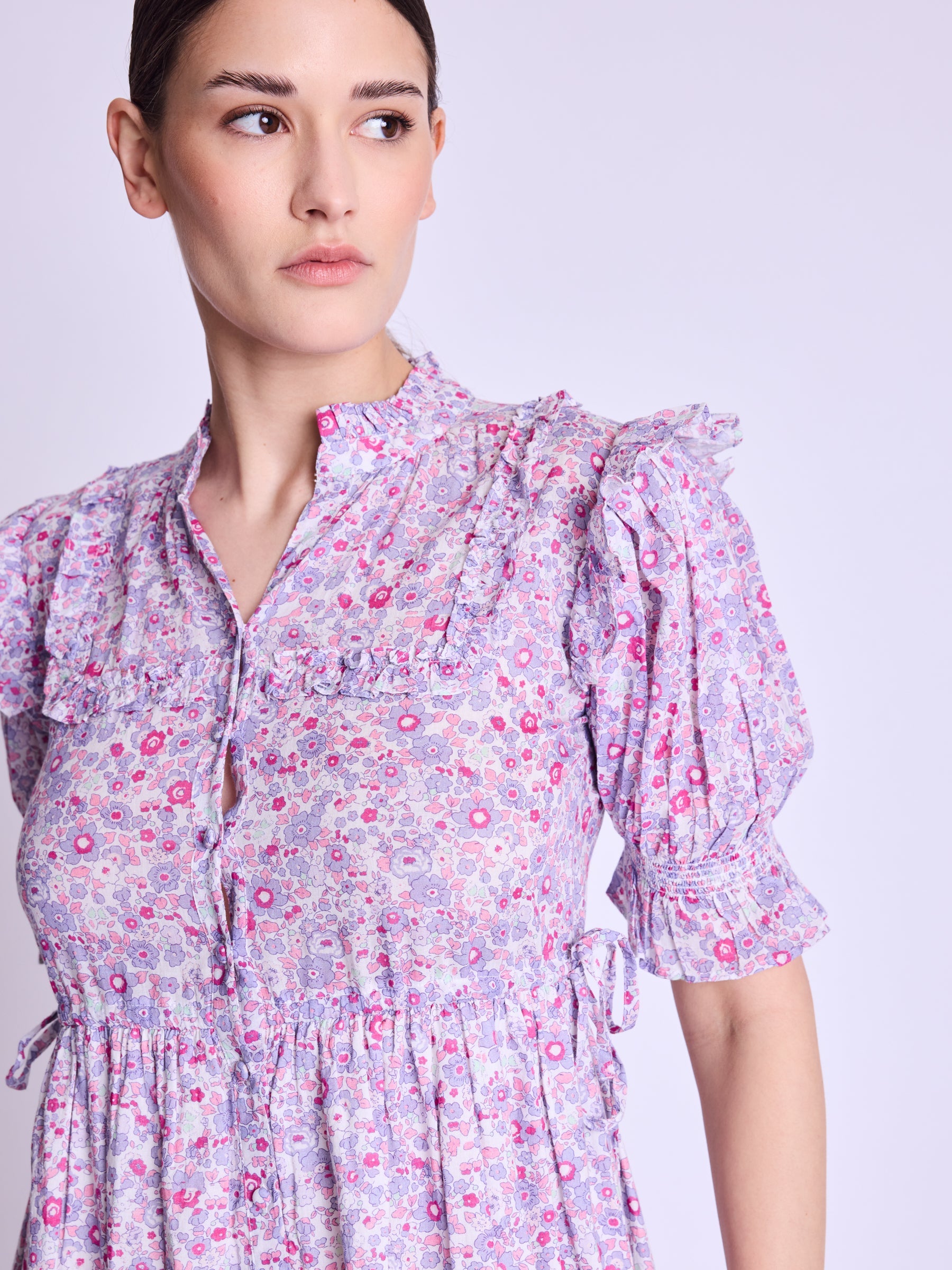 Berenice - Maxi Dress With Ribbed Drawstring - Pink-Liberty-Print
