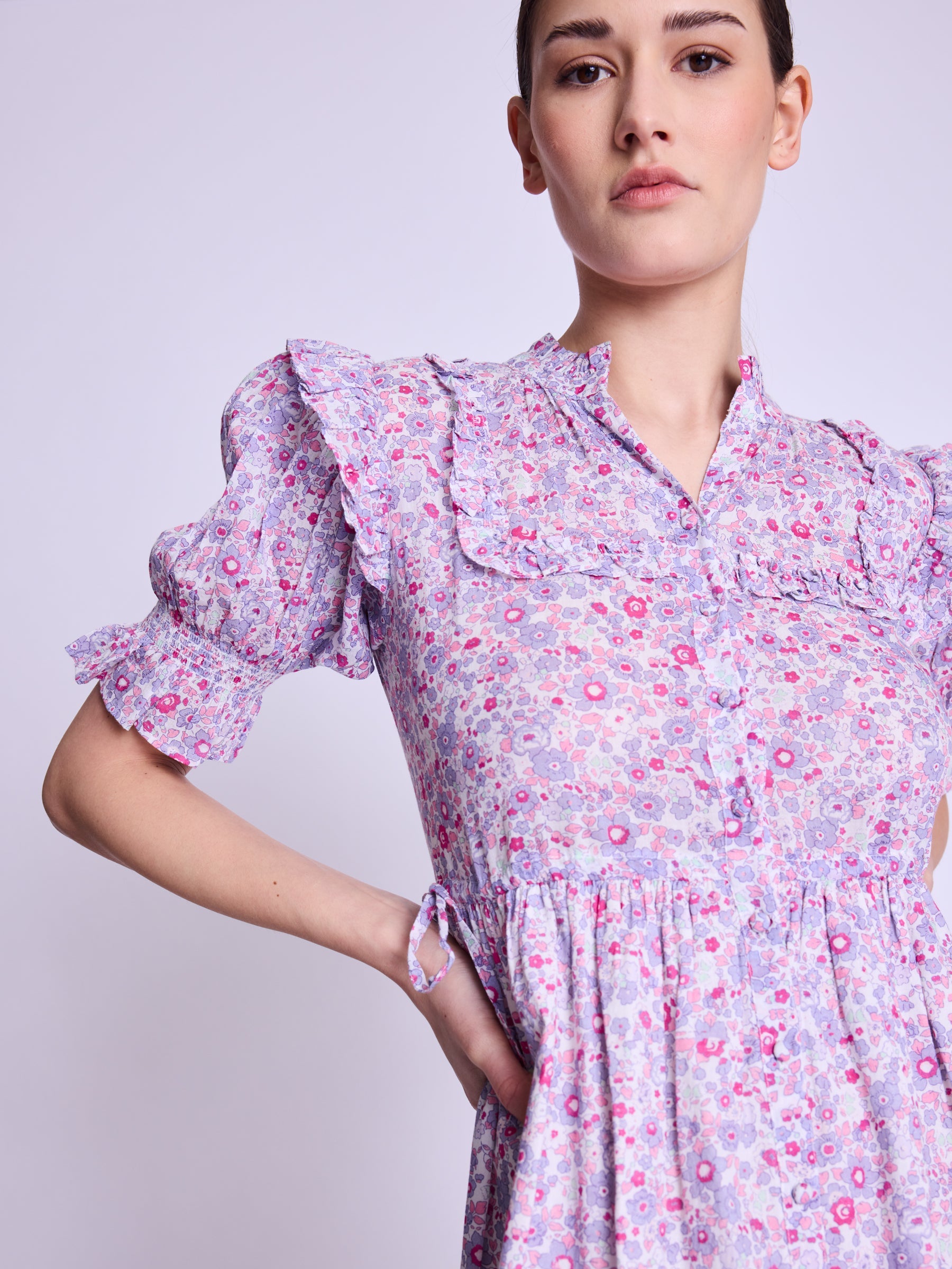 Berenice - Maxi Dress With Ribbed Drawstring - Pink-Liberty-Print