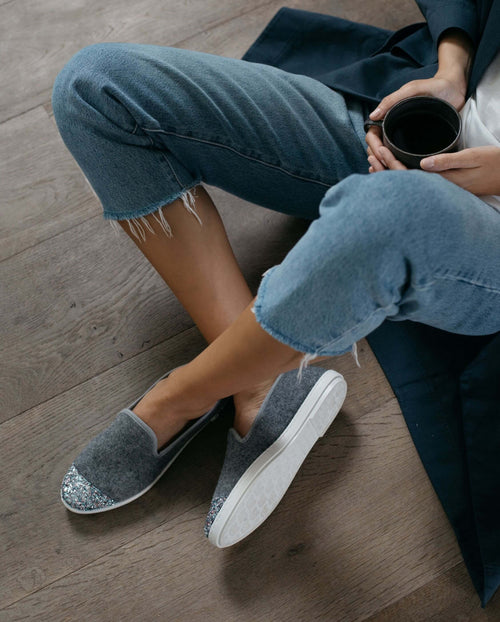 chausson en laine femme gris paillette Angarde porté