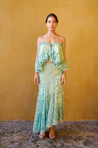 Top in chiffon con volant e stampa – Verde
