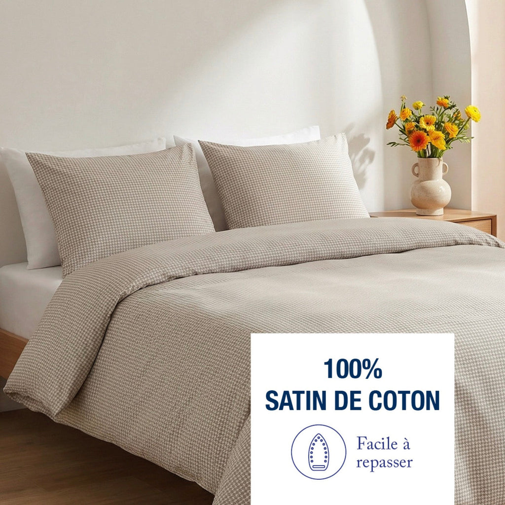 Taie D'Oreiller Satin De Coton - Pied De Poule - Taupe