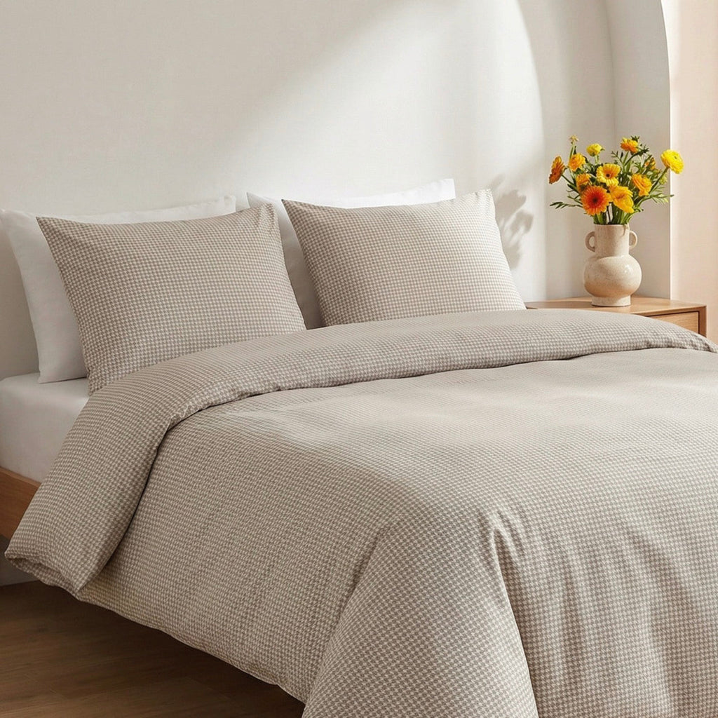 Taie D'Oreiller Satin De Coton - Pied De Poule - Taupe