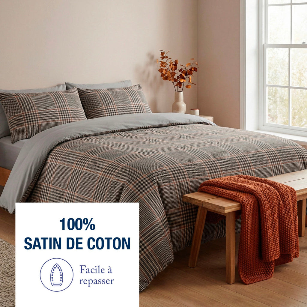 Housse De Couette + Taie D'Oreiller Satin De Coton - Prince De Galles - Brun