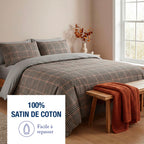 Housse De Couette + Taie D'Oreiller Satin De Coton - Prince De Galles - Brun