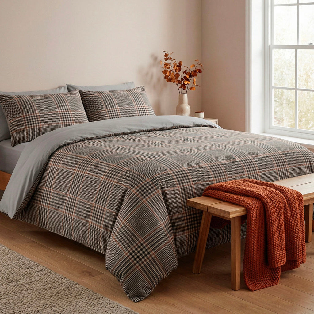 Housse De Couette + Taie D'Oreiller Satin De Coton - Prince De Galles - Brun