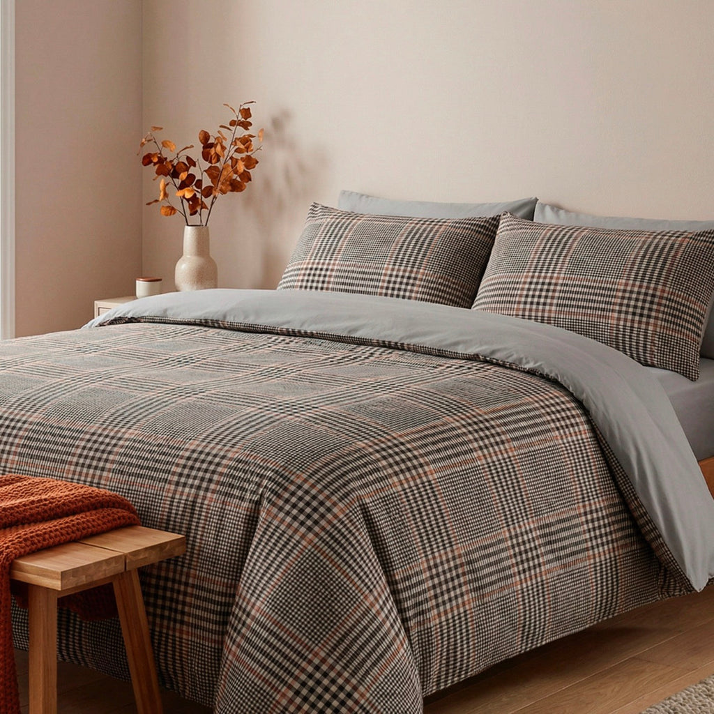 Housse De Couette + Taie D'Oreiller Satin De Coton - Prince De Galles - Brun