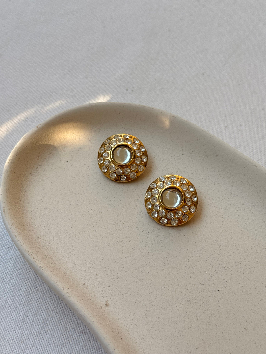 Vintage Earrings - Round Gold Earrings Adorned with Rhinestones