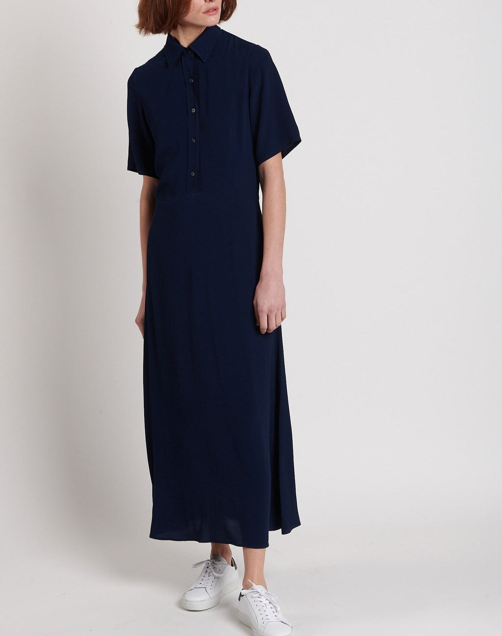 Vestido Camisero Largo Mangas Cortas - Marino - Mujer