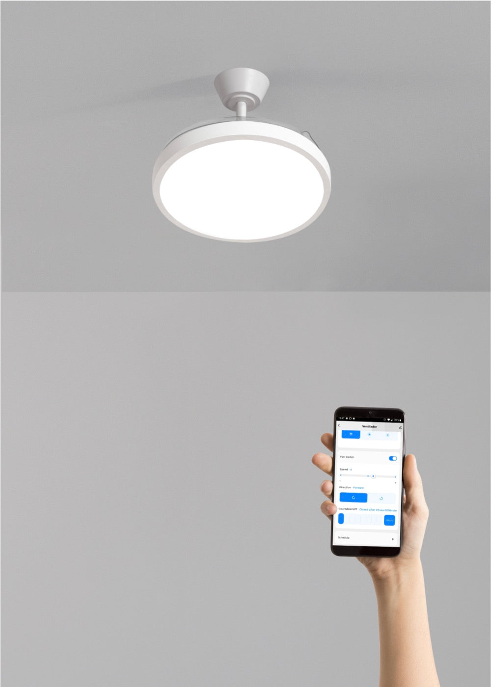 Wind Clear Studio - Ventilateur De Plafond 40W Silencieux Avec Pales Rétractables Et Lumière Led - Blanc