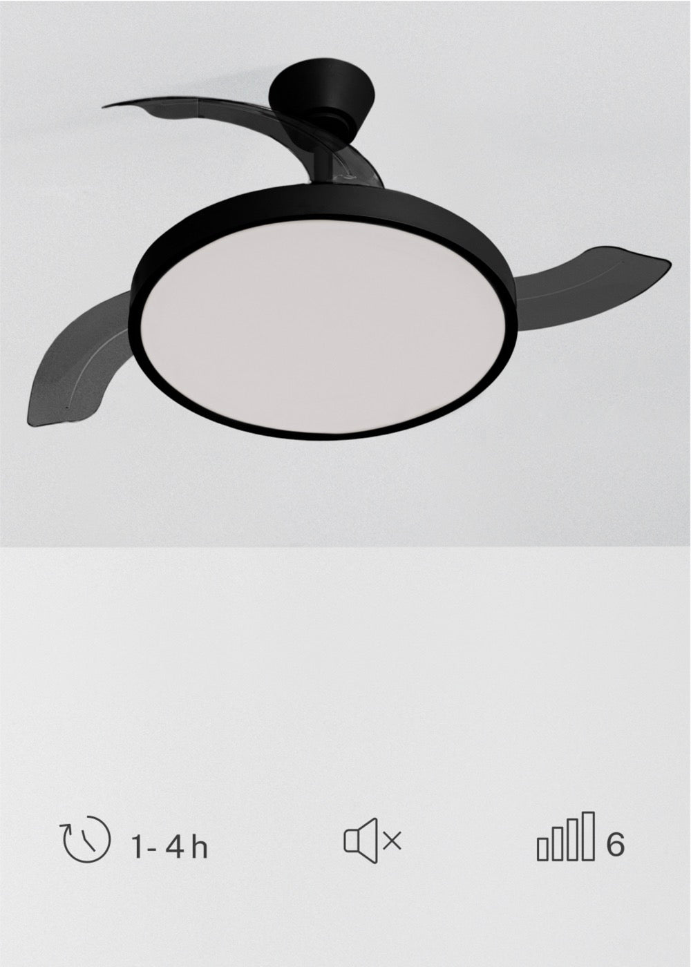 Wind Clear Studio - Ventilateur De Plafond 40W Silencieux Avec Pales Rétractables Et Lumière Led - Noir