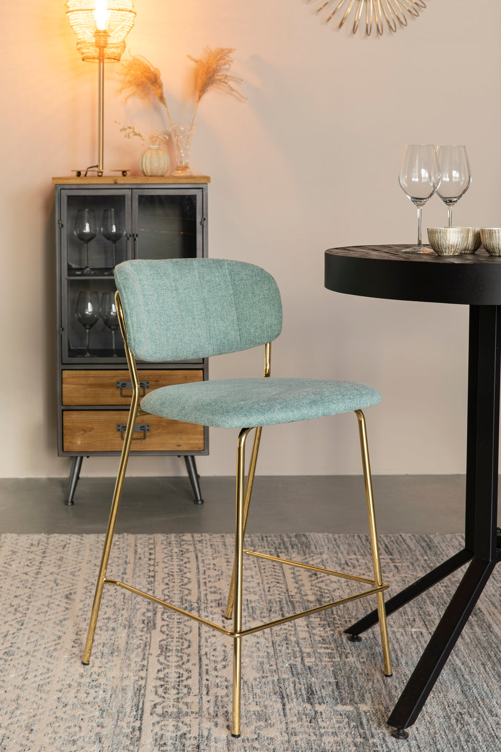 Jolien - Bar & Counter Stool - Fabric - Gold/Light Green