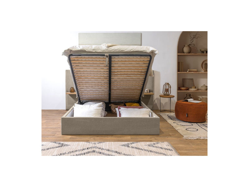 Lit Coffre Tissu Texturé Avec Tablettes Chevets - Blandine - Beige