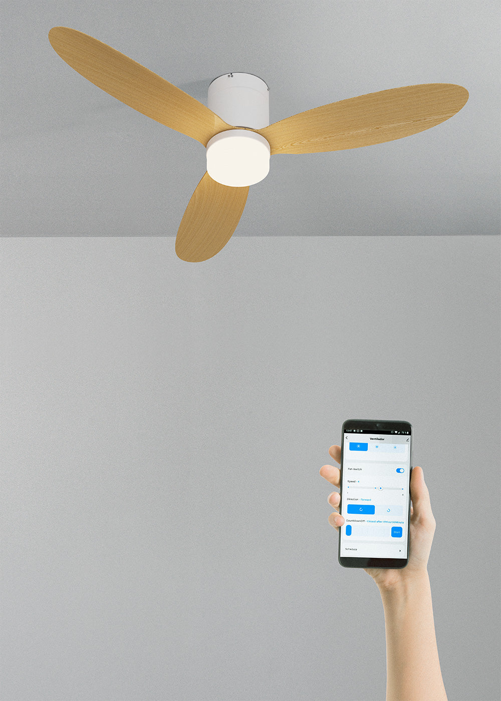 Wind Lite M - Ventilador De Techo Silencioso Para Interior Y Exterior - Con Luz Y WIFI + Mando A Distancia - Blanco Y Madera Clara