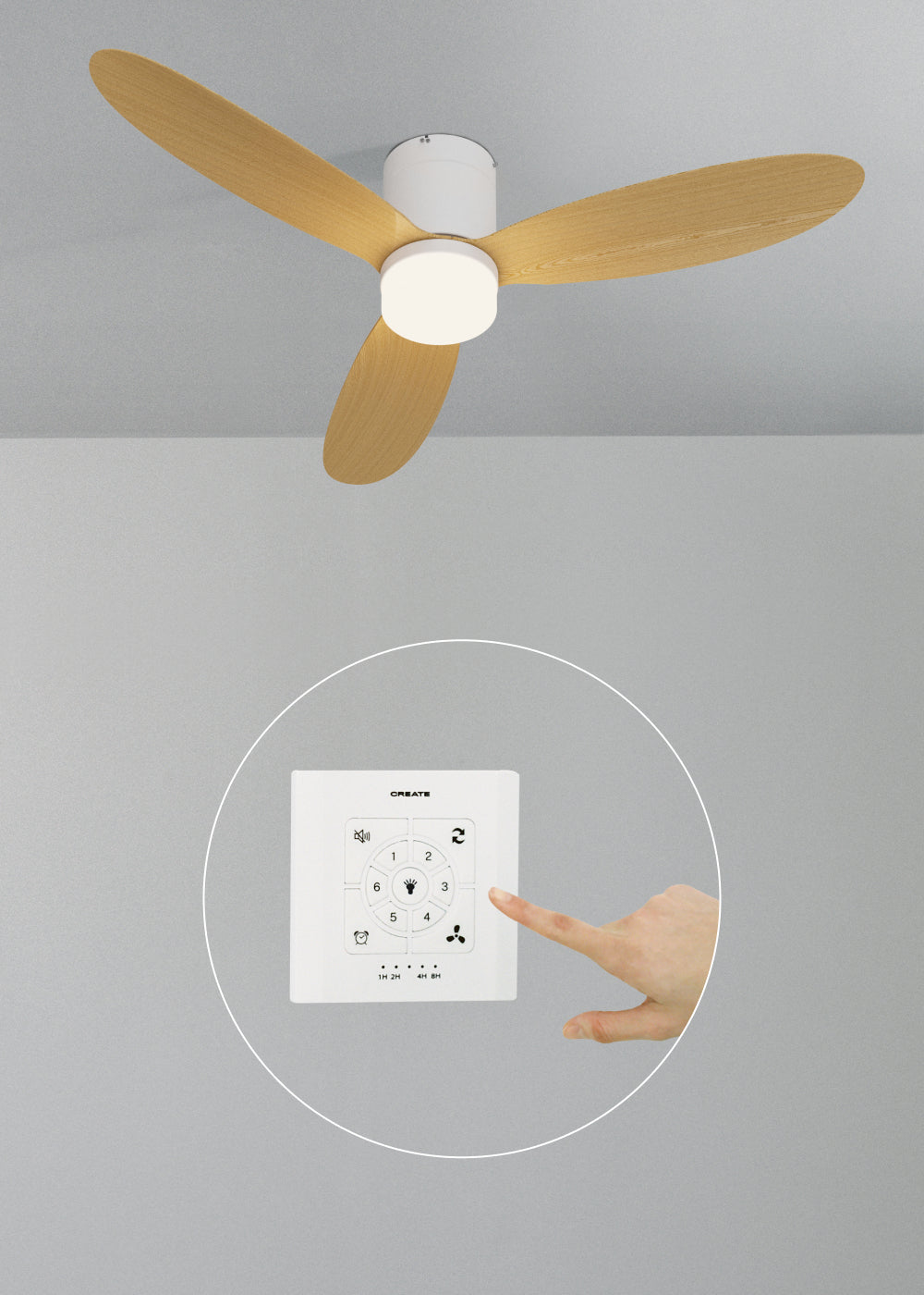 Wind Lite M - Ventilador De Techo Silencioso Para Interior & Exterior - Con Luz & Controlador De Pared - Blanco & Madera Clara