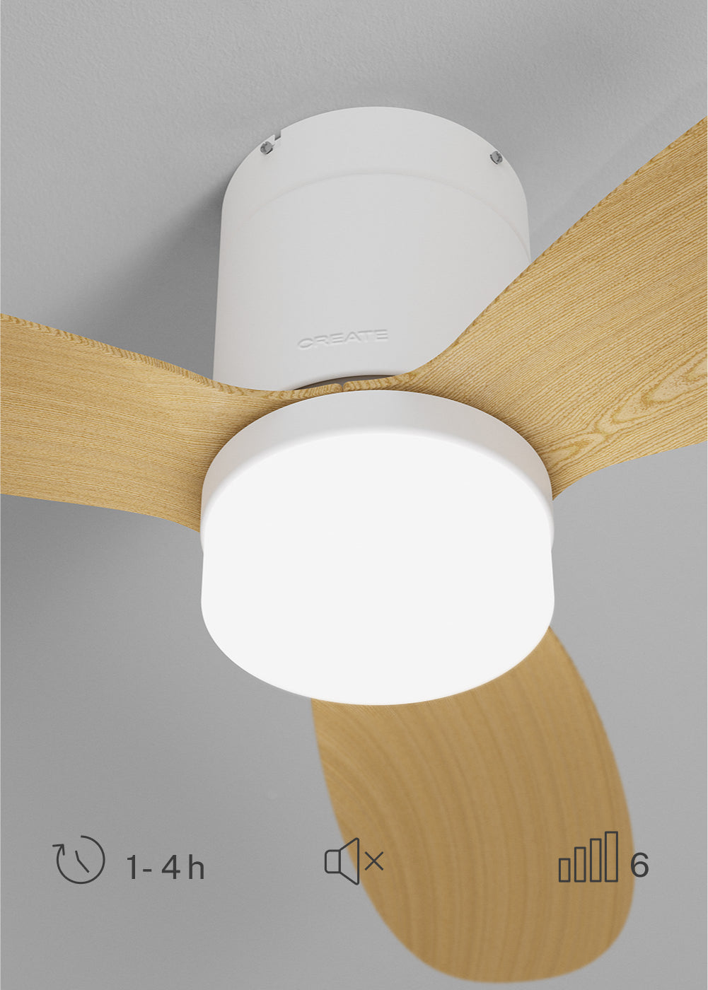 Wind Lite M - Ventilador De Techo Silencioso Para Interior & Exterior - Con Luz & Controlador De Pared - Blanco & Madera Clara