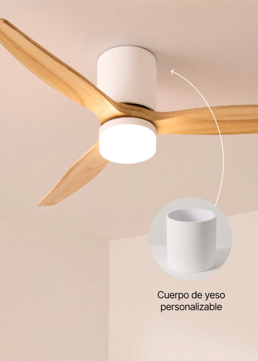 Wind Calm Concrete - Ventilador De Techo 40W Silencioso Ø132Cm 100% Madera Con Carcasa De Yeso Personalizable - Blanco# Gypsum Madera Natural# Con Luz# Wifi# Wood