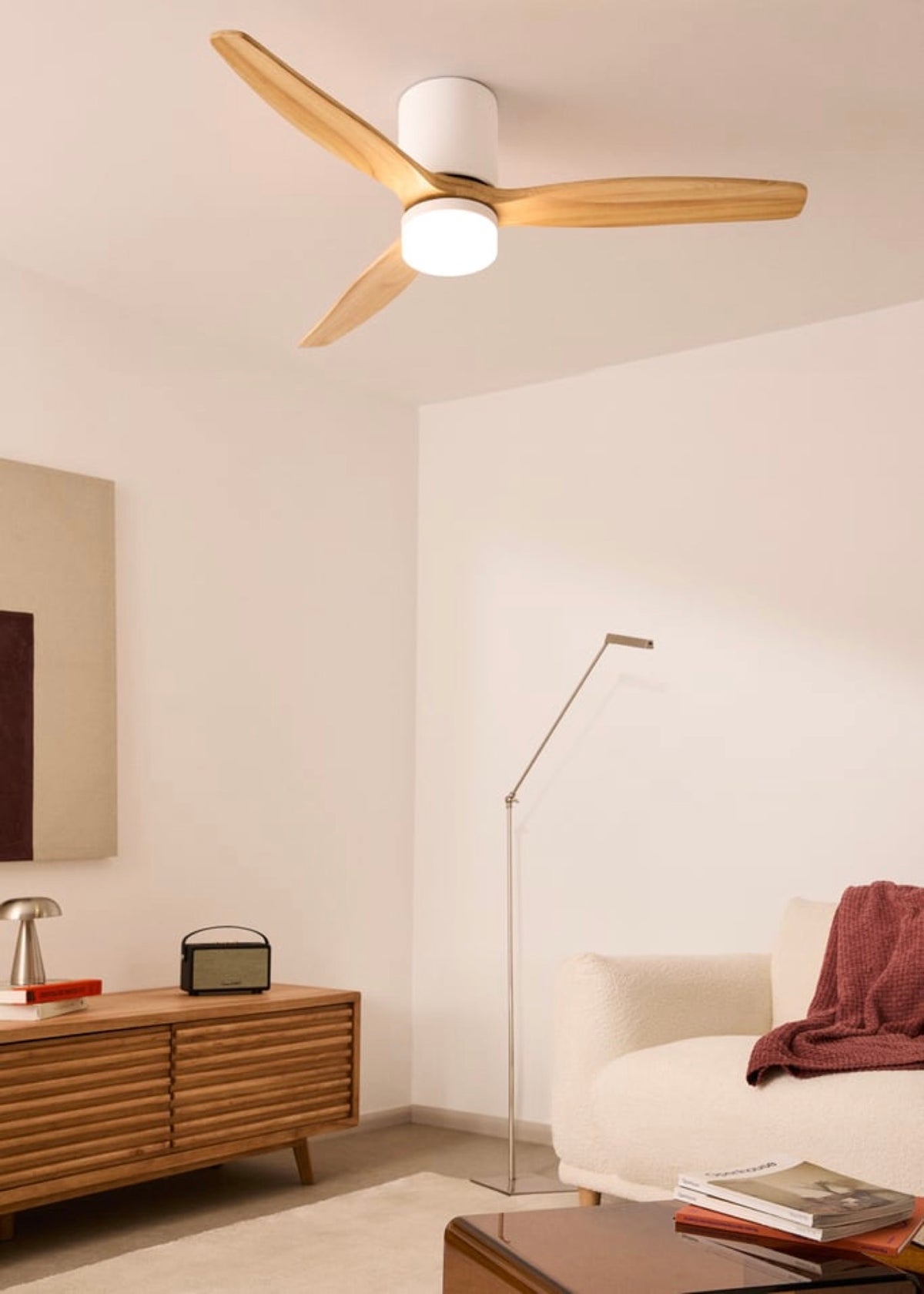 Wind Calm Concrete - Ventilador De Techo 40W Silencioso Ø132Cm 100% Madera Con Carcasa De Yeso Personalizable - Blanco# Gypsum Madera Natural# Con Luz# Wifi# Wood