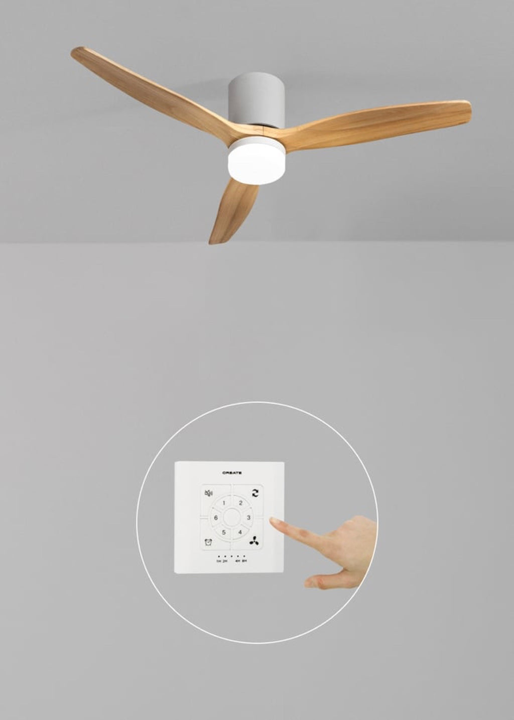 Wind Calm Concrete - Silent 40W Ø132cm Ceiling Fan, 100% Wood, with Customisable Plaster Casing - White# Gypsum Natural Wood# With Light# Controller# Wood