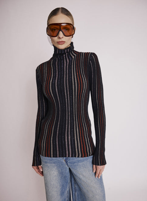 Pull Col Roule Rayures Lurex - Noir Multico
