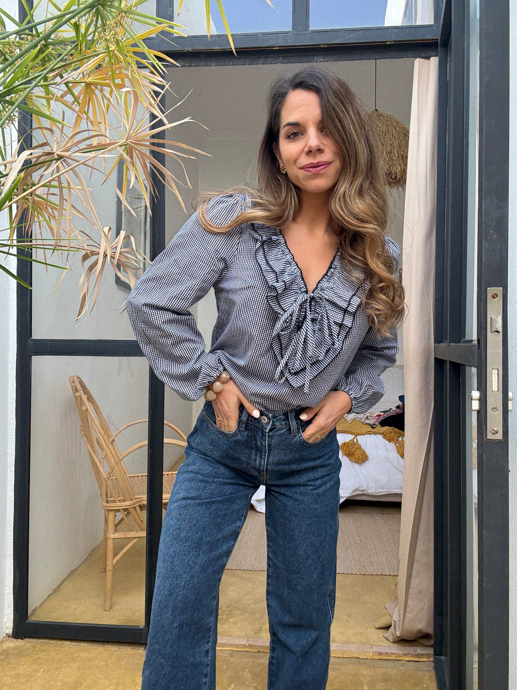 Blusa Stella de cuadros vichy azul marino
